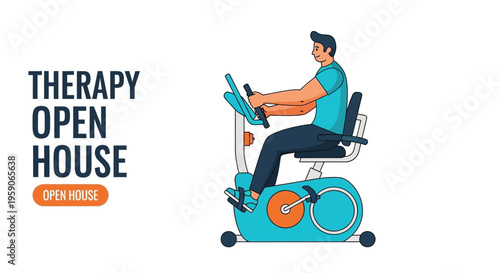 Therapy Open House With Man Exercising On Recumbent Bike Conceptual Illustration