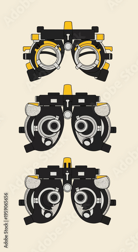 Three Vector Illustrations of Optometry Tools: Phoropter, Eye Examination Device, and Vision