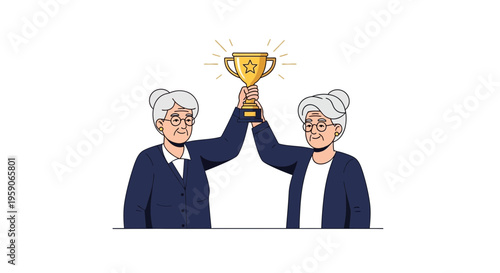 Two Elderly Women Celebrate Victory Holding A Golden Trophy, Success And Achievement