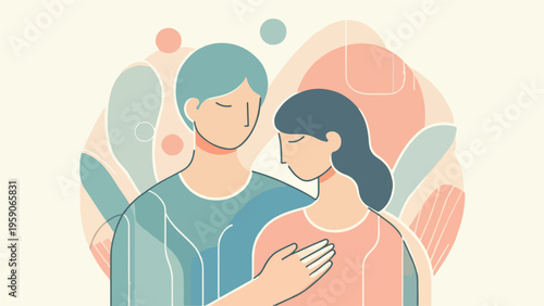 Caring Couple Embracing in Soft Pastel Abstract Background, Tender Relationship Support and Emotional Connection Illustration