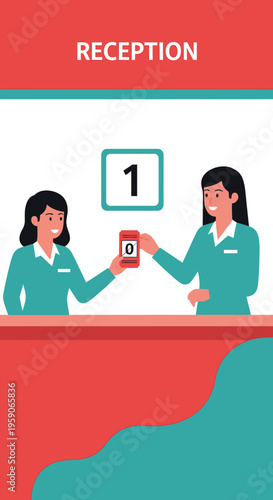 Two Receptionists Interacting With Guest Mobile Phone Service Providing Experience Perfectly