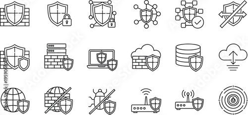 Cyber Security Protection Line Icon Set with Firewall Shield Network Database Cloud Antivirus Privacy Safety Symbols