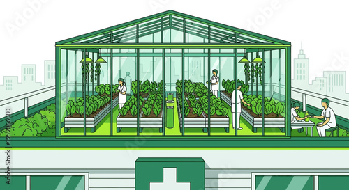 Urban Garden Greenhouse Cultivation on a Rooftop Promoting Health and Wellness in a City