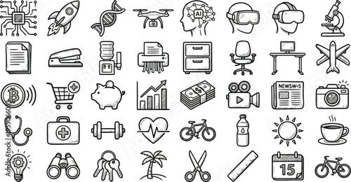Diverse Hand-Drawn Everyday and Tech Icon Set, Hand Drawn Vector Icon Set Featuring Tech, Office, Finance, Health and Everyday Lifestyle Symbols