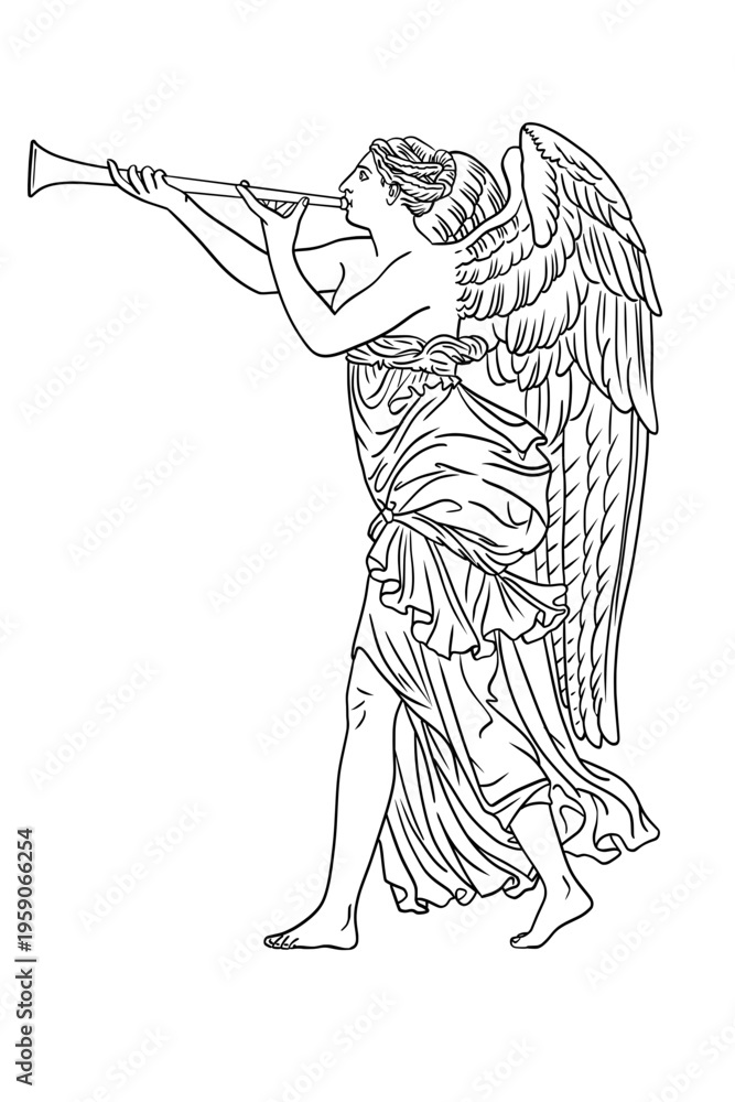 Obraz premium Minimalist vector line art of a winged angel playing a trumpet. This high-contrast black ink design features flowing drapery and detailed feathers, ideal for classical and spiritual themes.