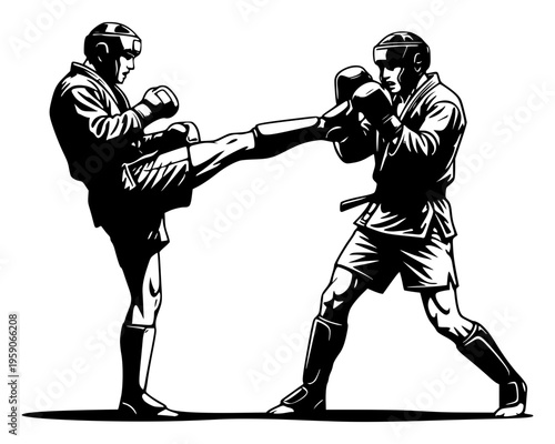 Two sambo fighters sparring with helmet and gloves, dynamic high kick technique against blocking opponent, Russian martial arts combat bold vector illustration isolated on background