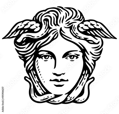Minimalist vector line art of a Medusa head. This high-contrast black ink design features characteristic snake hair and small wings, ideal for mythological and classical themes.