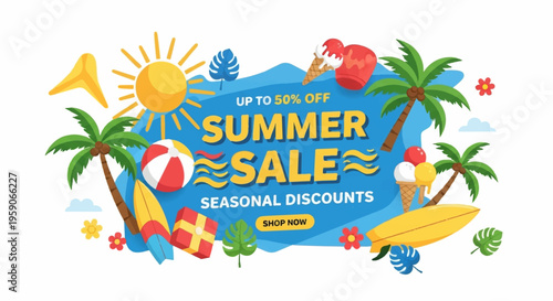 Summer sale banner, seasonal discounts template, colorful tropical icons, promotional label