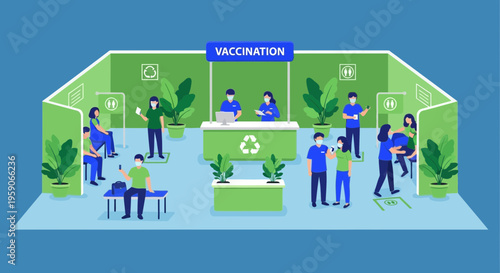 Vaccination Clinic Illustration Depicting Healthcare Professionals and Patients Receiving Injections