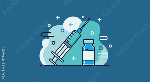 Vaccine And Syringe Illustration Over Abstract Blue Background For Medical Concepts