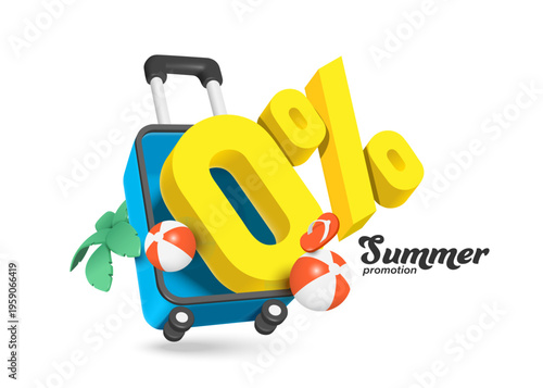 Yellow 3D 0% appears emerging from suitcase surrounded by volleyball and coconut trees, signifying summer promotion offering no fee and no interest, vector 3d illustration isolated, for advertising