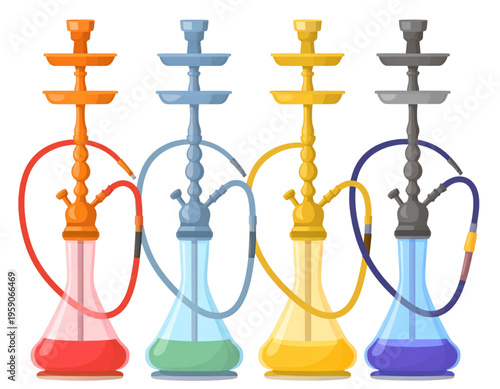 A collection of four colorful hookah shisha pipes featuring various vibrant glass base designs