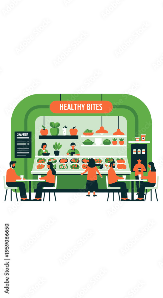 Fototapeta premium Vibrant Healthy Eatery Illustration Featuring Diverse Individuals Enjoying Fresh Cuisine in a