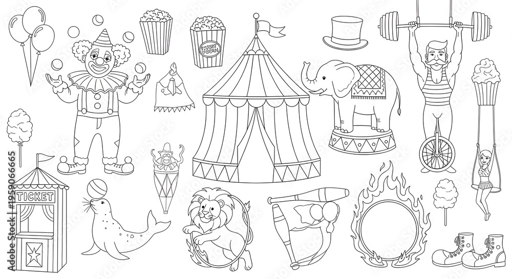 Obraz premium Detailed Circus Elements Outline Set Whimsical Illustrations of Performers, Animals, Tents, and Fairground Attractions for Creative Design Projects