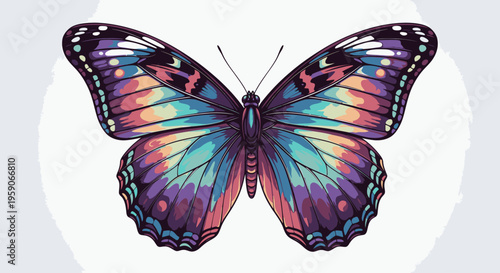 Vibrant butterfly with colorful wings spread wide against a clean white background with subtle gray shading.
