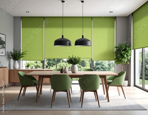 Modern Dining Room with Green Roller Blinds and Contemporary Lighting.