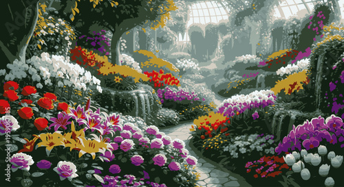 Vibrant flowers in various colors fill a lush greenhouse with a winding path and glass roof structure.