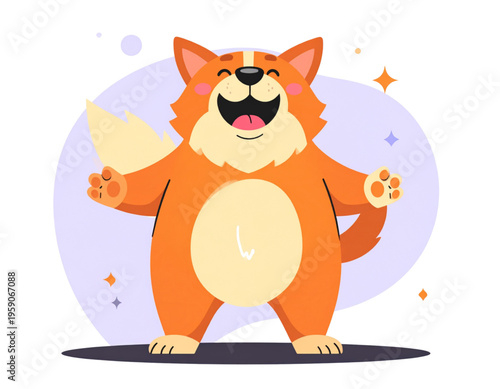 A cheerful cartoon corgi dog standing with a wide happy smile and open arms in a joyful manner