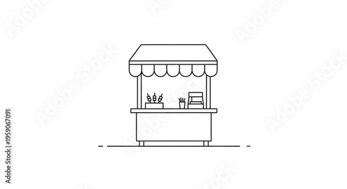 Minimalist Food Stall Icon, Street Food Cart Outline, Simple Market Stand Vector
