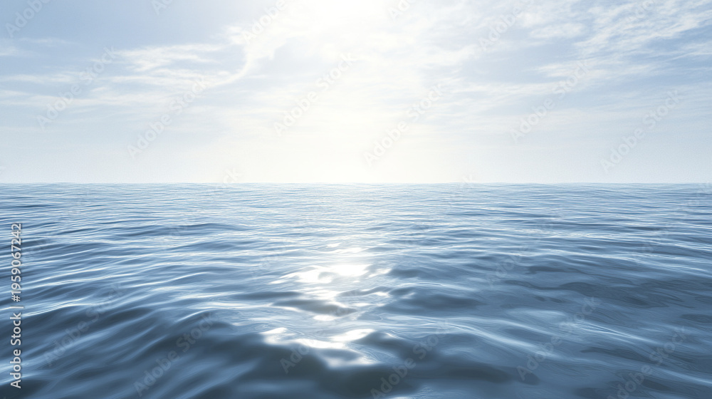 Fototapeta premium Glassy blue ocean horizon blending with sky under soft sunlight and scattered clouds, creating peaceful and serene seascape with gentle waves reflecting light