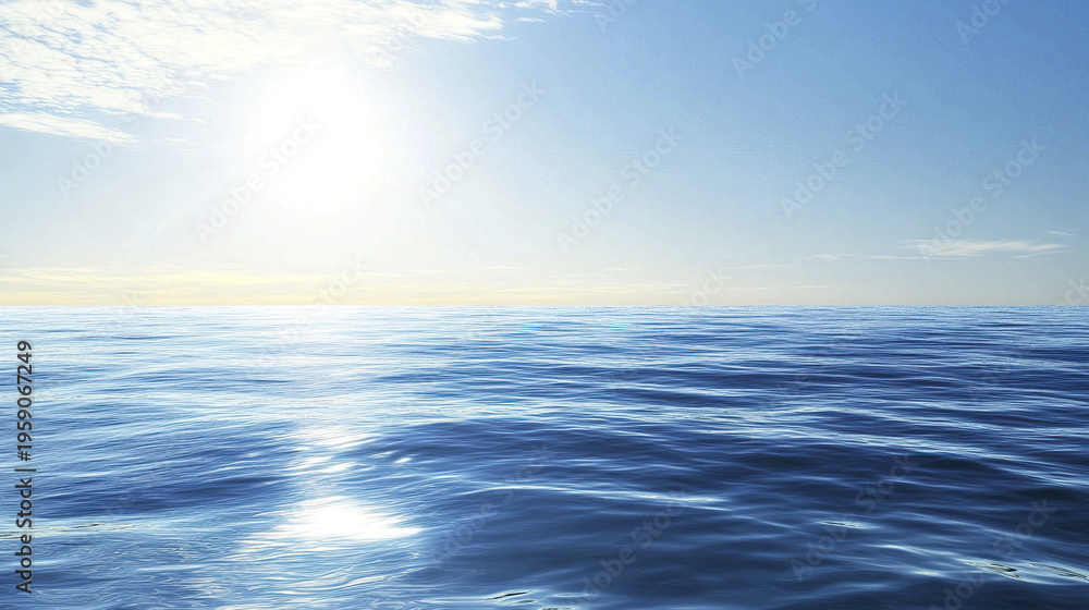 Fototapeta premium Glassy blue ocean horizon blending with sky under bright sun, creating peaceful and serene seascape with gentle waves and soft clouds