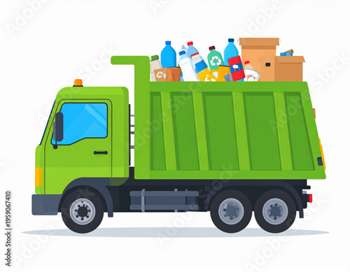 Green garbage truck transporting a full load of recyclable materials like plastic and cardboard