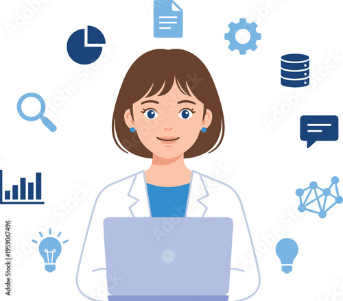 Illustration of a Female Scientist Working on a Laptop Surrounded by Data and Technology Icons