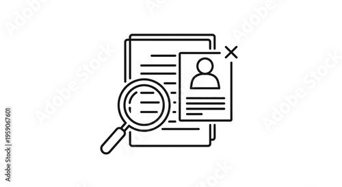 Magnifying glass over resume with cross mark, job search, hiring, rejection, recruitment concept
