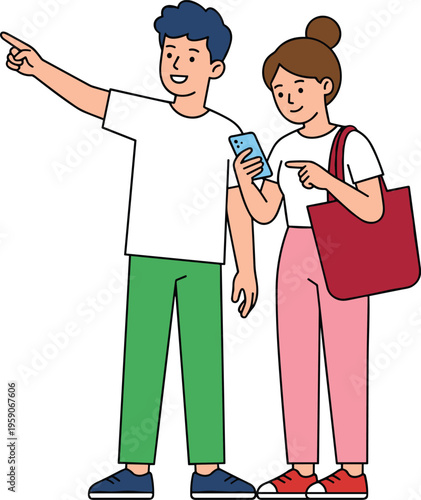 Smiling cartoon couple exploring new places, with one person pointing a direction and the other checking a map on their mobile phone for guidance