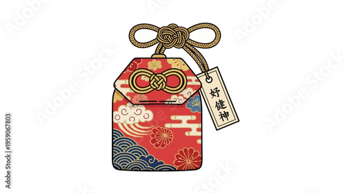 Vibrant Traditional Japanese Good Luck Charm Amulet with Intricate Auspicious Patterns, a Cultural Symbol of Protection and Fortune