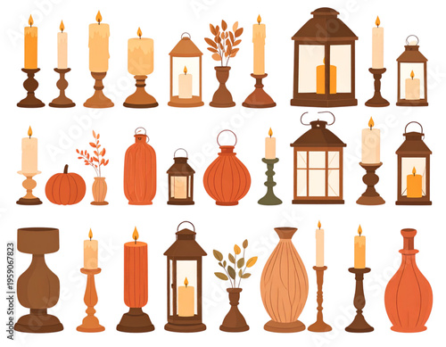 Collection of autumn themed candles with rustic lanterns and decorative vases in warm colors
