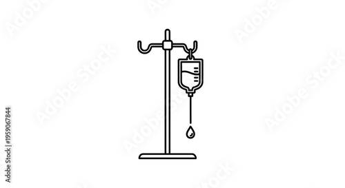 Medical IV Drip Stand with Bag and Drop - Clean Line Art Icon