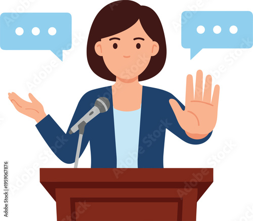 Woman speaking at a podium with speech bubbles indicating conversation, representing public speaking, debate, or presentation