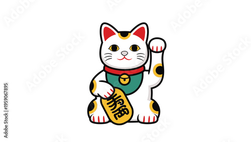 Charming traditional Japanese beckoning cat illustration, a symbol of good luck and prosperity, with a raised paw and gold coin for wealth and fortune