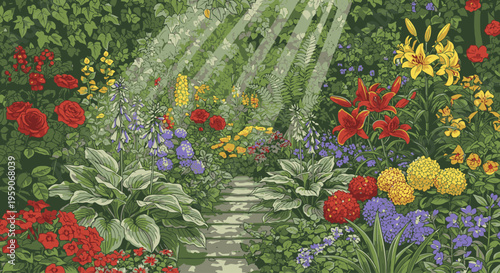 Vibrant garden scene with colorful flowers and lush greenery being watered by a sprinkler system on a stone pathway.