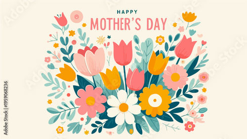 Happy Mother's Day Greeting Card with Vibrant Tulips and Spring Flowers Bouquet, Bright Flat Design Floral Celebration Banner