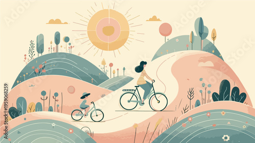 Mother and Child Cycling Together on Sunny Countryside Path, Cheerful Pastel Flat Design Outdoor Family Activity Illustration