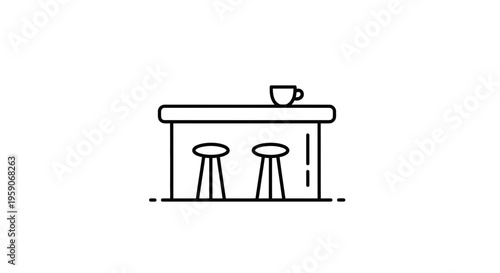 Minimalist bar counter with two stools and coffee cup icon, simple line art design