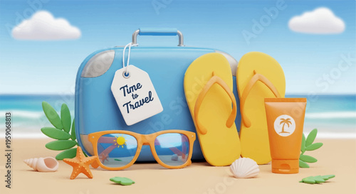 Beach vacation, summer travel, luggage, flip flops, sunglasses