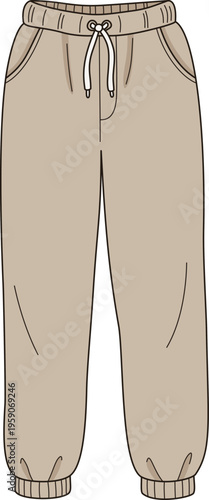 Minimalist Beige Jogger Pants Illustration, Flat Design Sweatpants with Drawstring and Pockets for Lounge Fashion