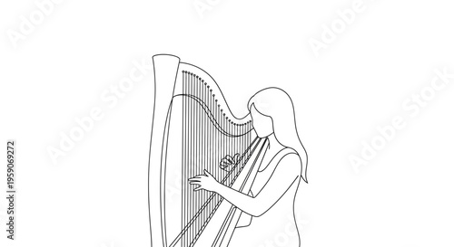Woman playing harp, elegant musician, classical music, line art, white background