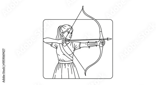 Young Archer Girl Aiming Bow and Arrow in Competition