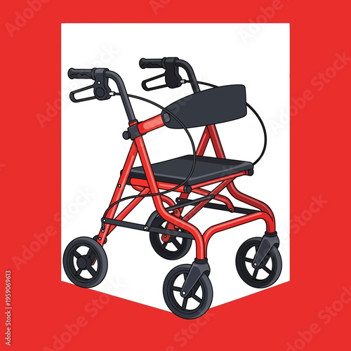 Vibrant Red Mobility Aid: Artistic Depiction of a Rollator Walker for Elderly Support