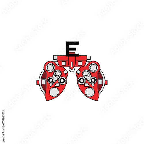 Vibrant Red Phoropter And 'E' Symbolizing Eye Health And Vision Care Examination