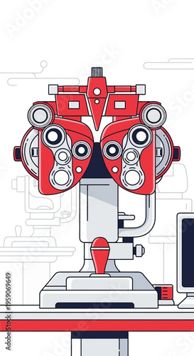 Vibrant Red Ophthalmic Instrument Depicted In Detailed Line Art For Vision Care Illustration