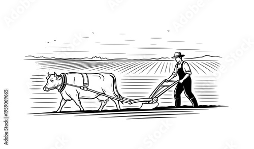 Rural farming landscape with farmer plowing land using cow agriculture scene black and white vector illustration