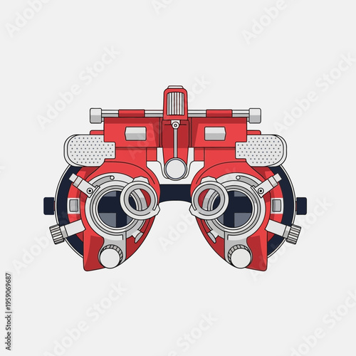 Vibrant Red Phoropter Illustration: Modern Optical Instrument for Eye Exam and Vision Testing