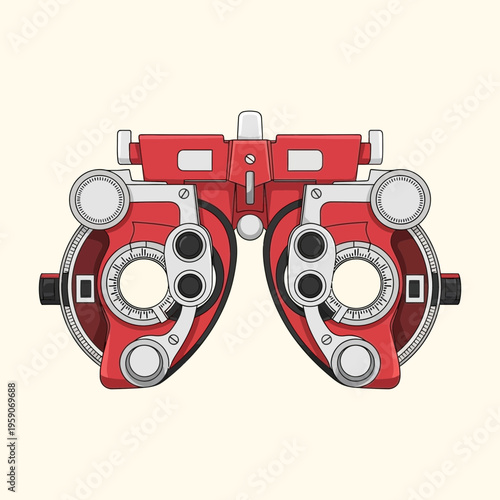 Vibrant Red Phoropter Illustration Depicting Advanced Eye Examination Technology Device