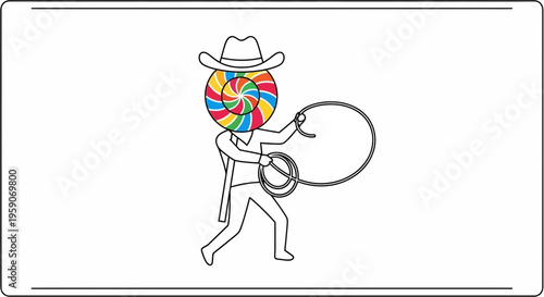 Whimsical Cowboy with Lollipop Head and Lasso - Surreal Cartoon Art