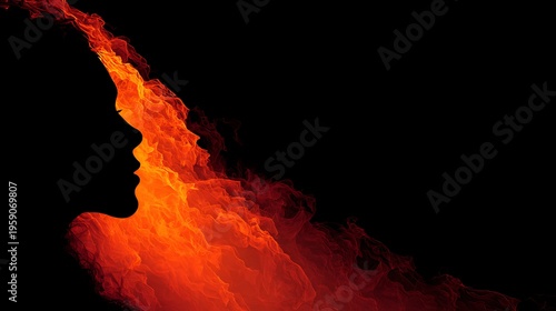 Fiery Silhouette of Woman s Profile Merging with Red Orange Flames on Black Background